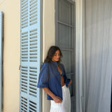 Balloon Sleeve Linen Blouse in Dark Denim