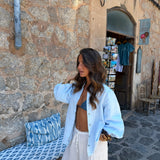 Balloon Sleeve Linen Blouse in Sky Blue