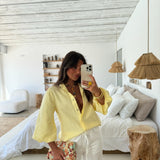 Balloon Sleeve Linen Blouse in Light Yellow
