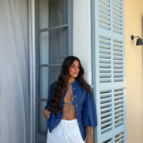 Balloon Sleeve Linen Blouse in Dark Denim