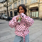 Cropped High Neck Polka Dot Trench Coat in Pink