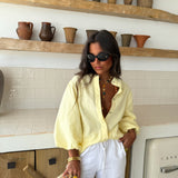 Balloon Sleeve Linen Blouse in Light Yellow