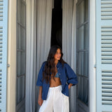 Balloon Sleeve Linen Blouse in Dark Denim