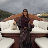 Polka Dot Satin Skirt with Lace Detail in Dark Brown