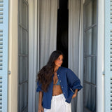 Balloon Sleeve Linen Blouse in Dark Denim