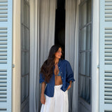 Balloon Sleeve Linen Blouse in Dark Denim