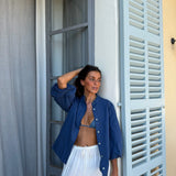 Balloon Sleeve Linen Blouse in Dark Denim